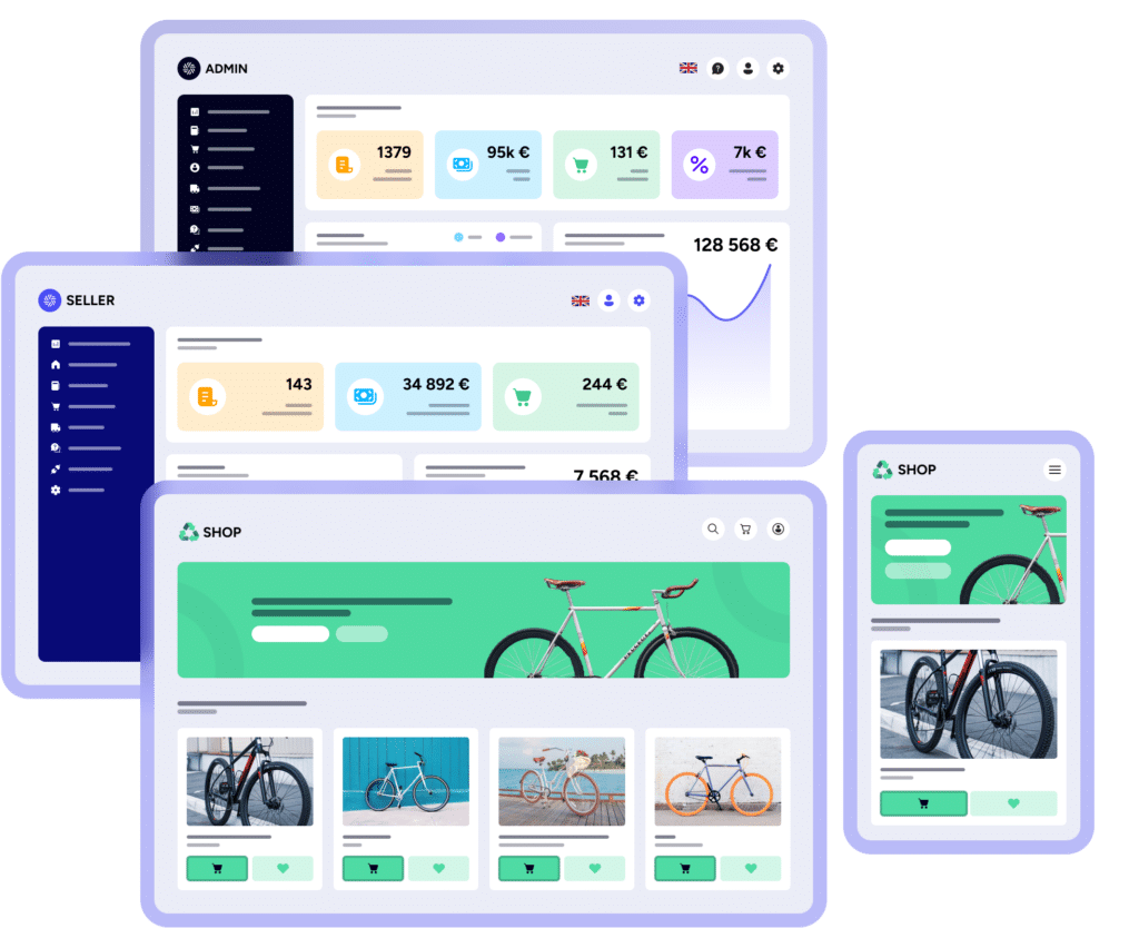 multi-vendor marketplace -View with the various back offices: vendors, operator and customer