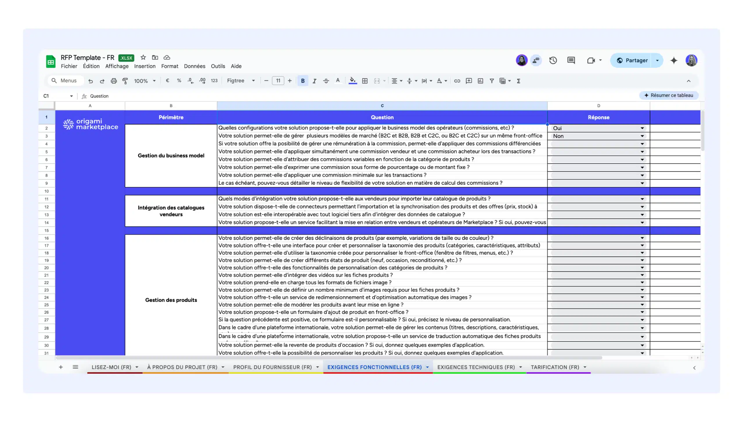Modèle d'appel d'offres pour une marketplace