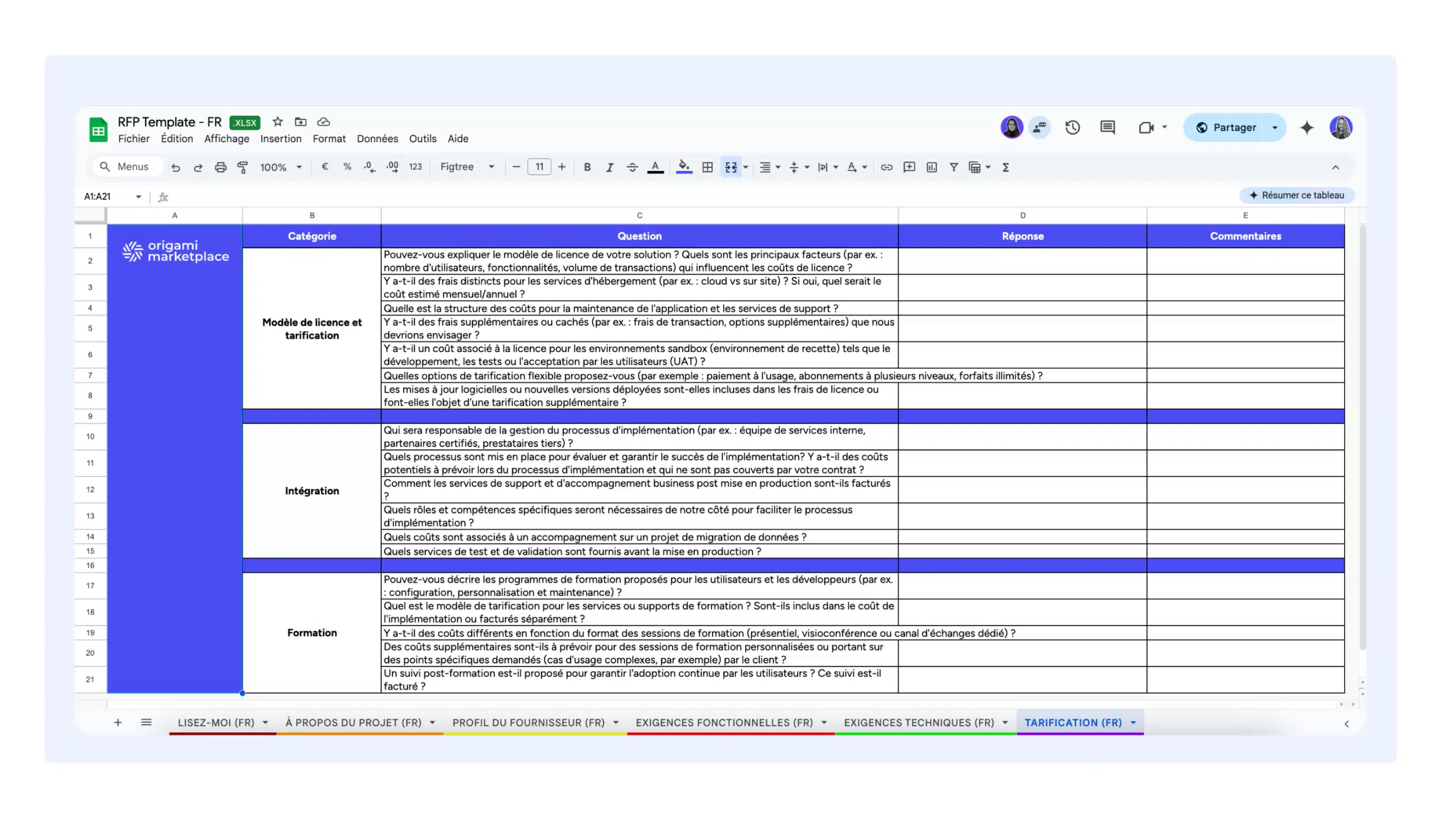 Modèle d'appel d'offres pour une marketplace